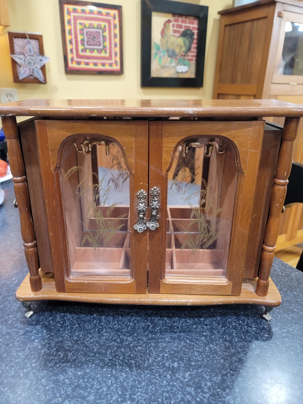 Vintage Wooden Jewelry Cabinet Organizer with Glass Doors - As Is Condition
